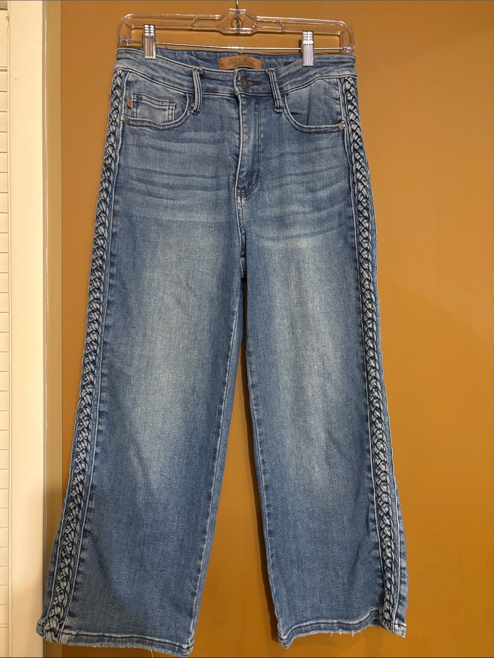 Judy Blue Medium Wash Braided-Trim Wide Leg Jeans